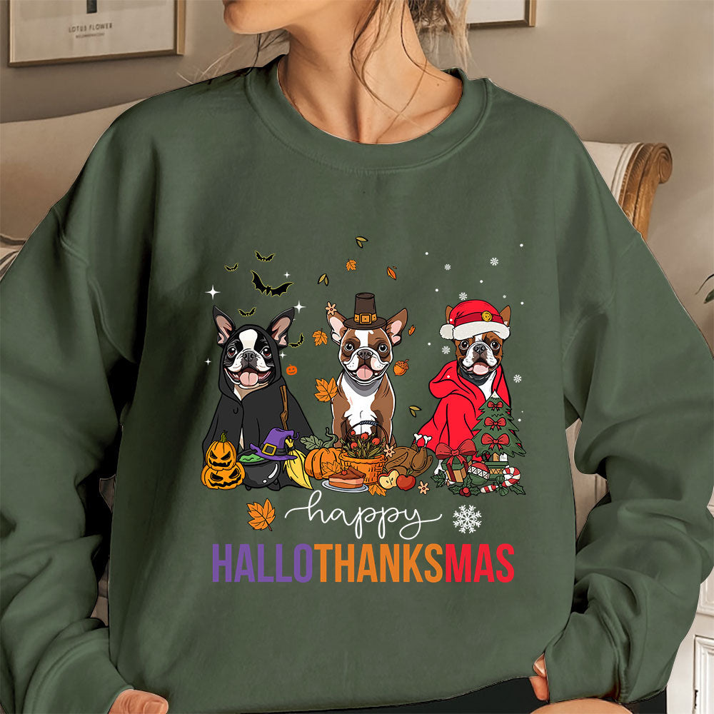 Boston Terrier Sweatshirt, Happy Hallothanksmas Boston Terrier Shirt, Boston Terrier Halloween Sweatshirt