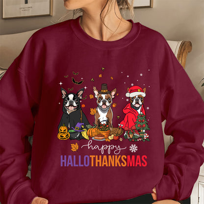 Boston Terrier Sweatshirt, Happy Hallothanksmas Boston Terrier Shirt, Boston Terrier Halloween Sweatshirt