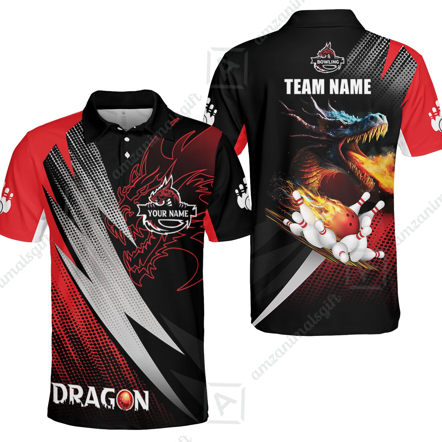 Customized Bowling Jersey Shirt, Personalized Name Dragon Team Red Bowling Ball On Fire Polo Shirt For Men - Perfect Gift For Bowling Lovers