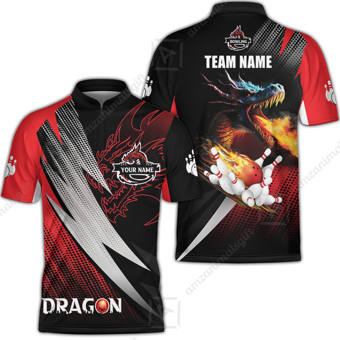 Customized Bowling Jersey Shirt, Personalized Name Dragon Team Red Bowling Ball On Fire Polo Shirt For Men - Perfect Gift For Bowling Lovers
