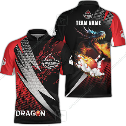 Customized Bowling Jersey Shirt, Personalized Name Dragon Team Red Bowling Ball On Fire Polo Shirt For Men - Perfect Gift For Bowling Lovers