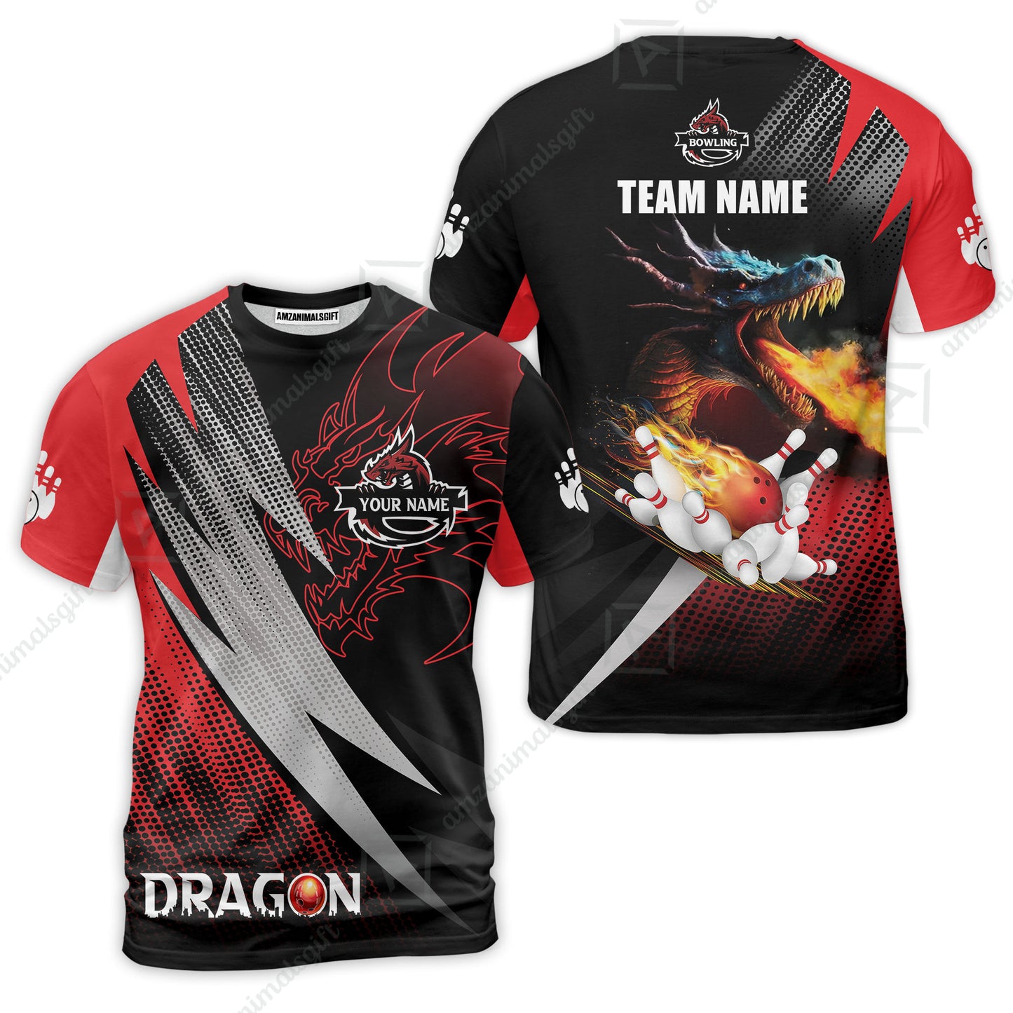 Customized Bowling Jersey Shirt, Personalized Name Dragon Team Red Bowling Ball On Fire Polo Shirt For Men - Perfect Gift For Bowling Lovers