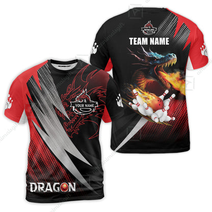 Customized Bowling Jersey Shirt, Personalized Name Dragon Team Red Bowling Ball On Fire Polo Shirt For Men - Perfect Gift For Bowling Lovers