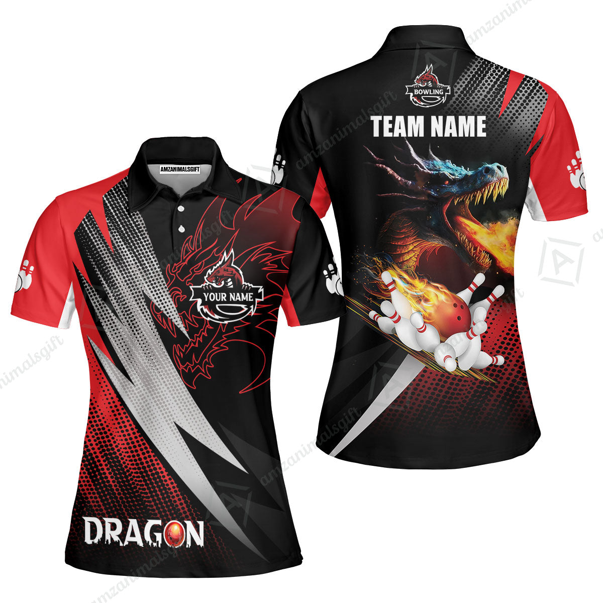 Customized Bowling Jersey Shirt, Personalized Name Dragon Team Red Bowling Ball On Fire Polo Shirt For Men - Perfect Gift For Bowling Lovers