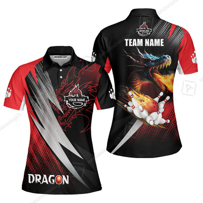 Customized Bowling Jersey Shirt, Personalized Name Dragon Team Red Bowling Ball On Fire Polo Shirt For Men - Perfect Gift For Bowling Lovers