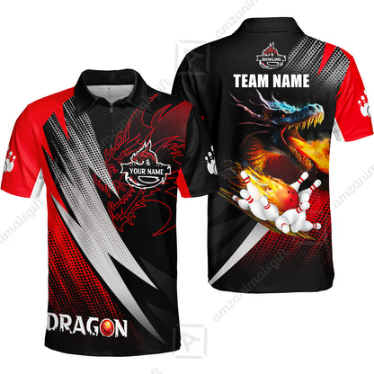 Customized Bowling Jersey Shirt, Personalized Name Dragon Team Red Bowling Ball On Fire Polo Shirt For Men - Perfect Gift For Bowling Lovers