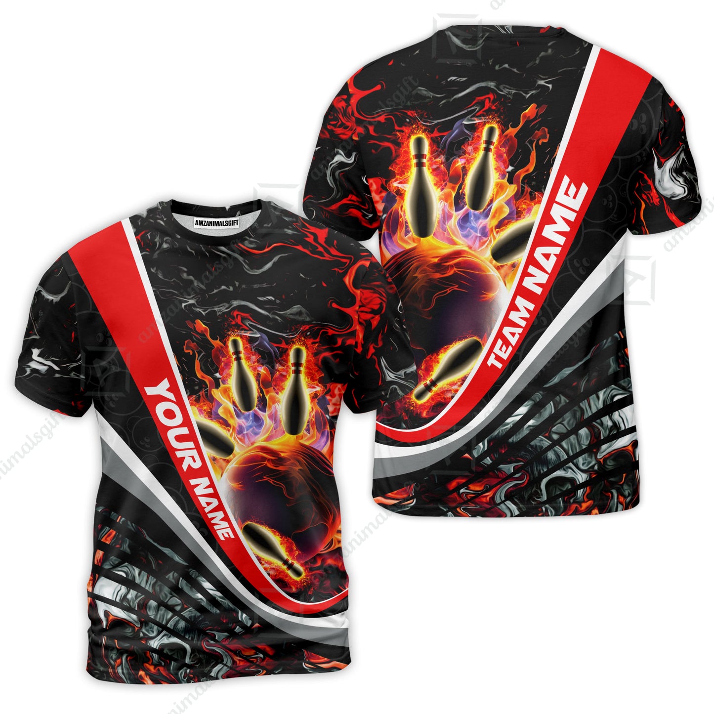 Customized Bowling Polo, Flaming Magma Bowling And Pins Multicolor Option Customized Name Team Name For Bowling Team Shirts