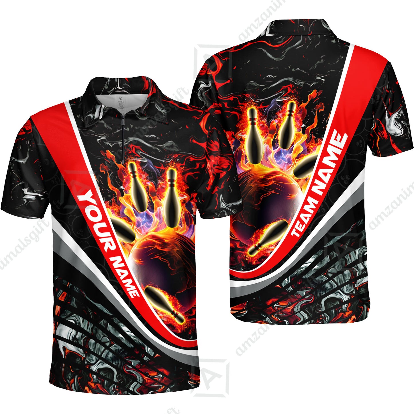 Customized Bowling Polo, Flaming Magma Bowling And Pins Multicolor Option Customized Name Team Name For Bowling Team Shirts