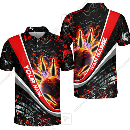 Customized Bowling Polo, Flaming Magma Bowling And Pins Multicolor Option Customized Name Team Name For Bowling Team Shirts