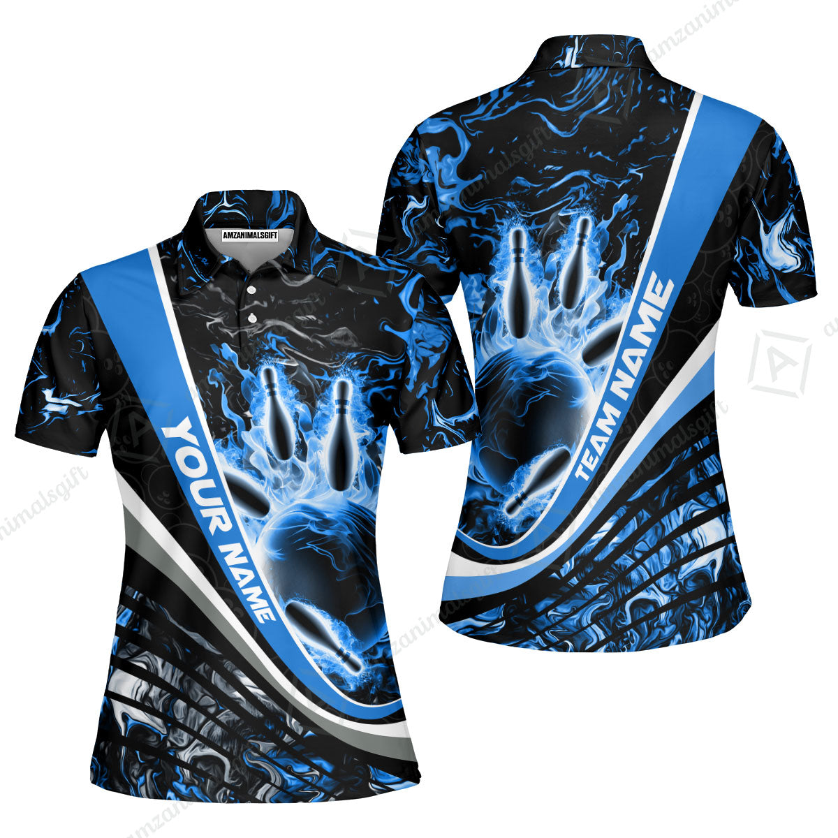 Customized Bowling Polo, Flaming Magma Bowling And Pins Multicolor Option Customized Name Team Name For Bowling Team Shirts