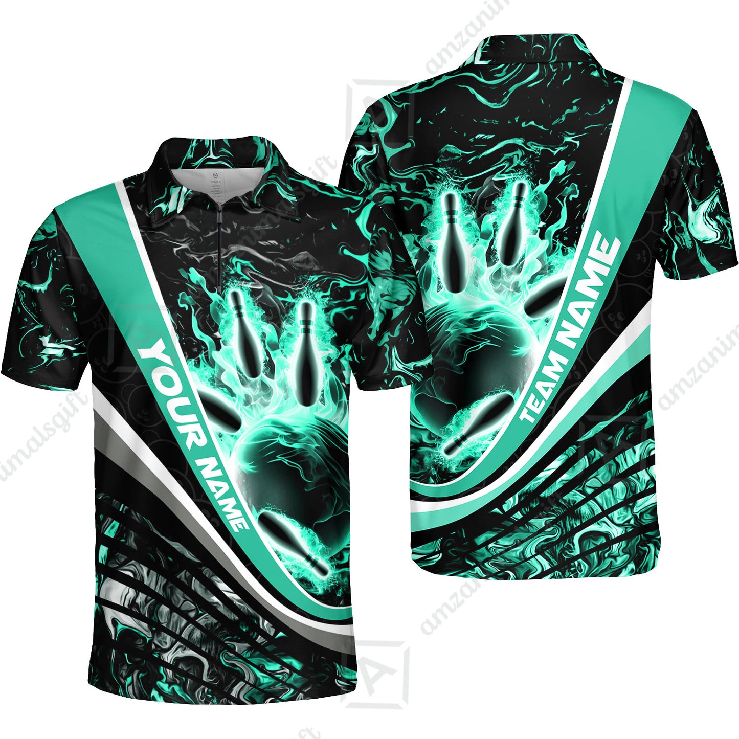 Customized Bowling Polo, Flaming Magma Bowling And Pins Multicolor Option Customized Name Team Name For Bowling Team Shirts