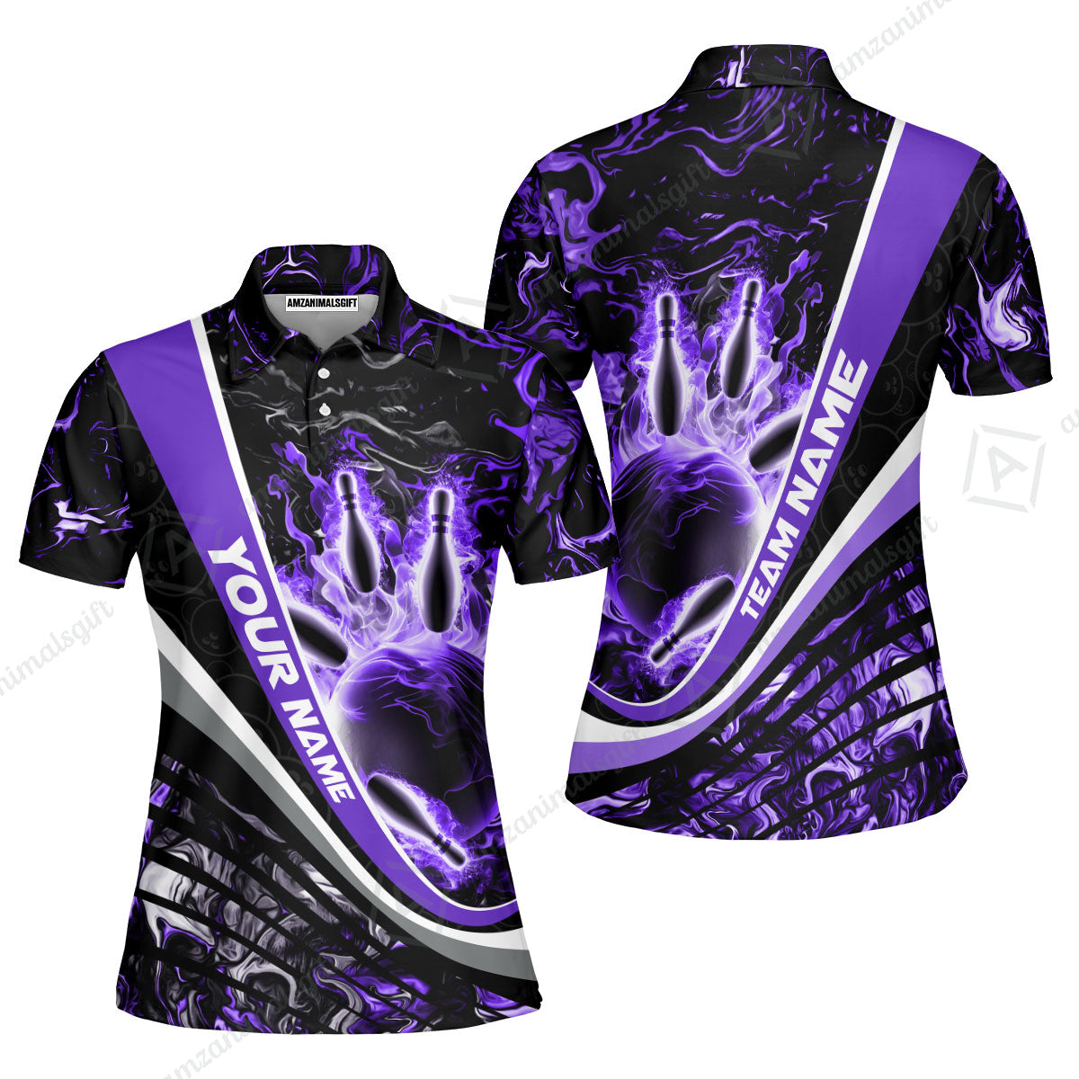 Customized Bowling Polo, Flaming Magma Bowling And Pins Multicolor Option Customized Name Team Name For Bowling Team Shirts