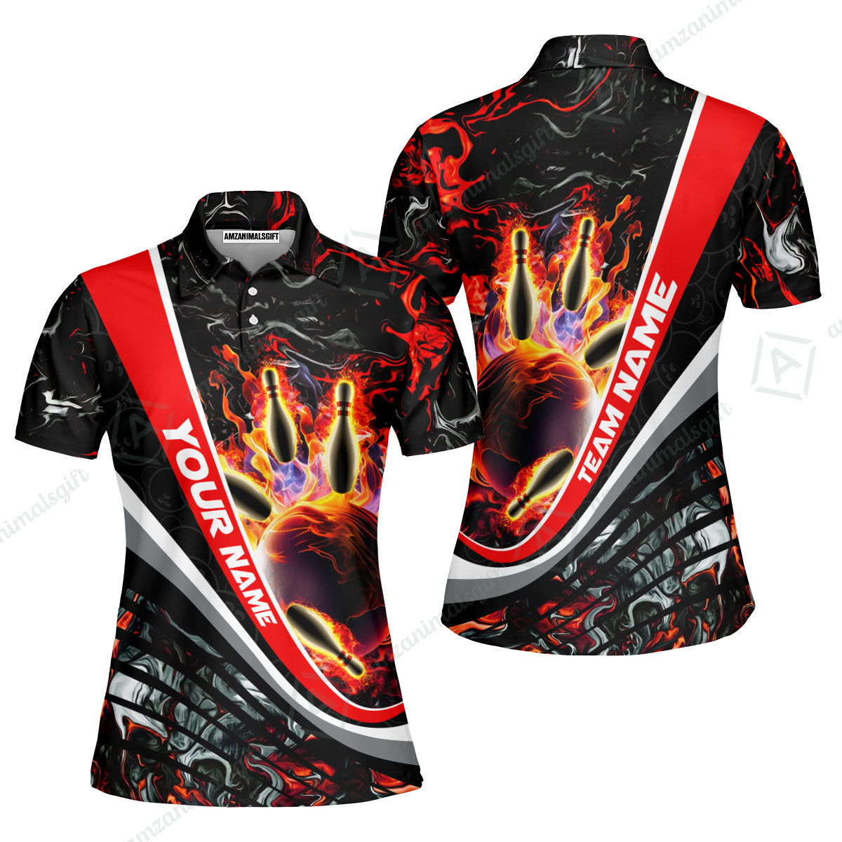 Customized Bowling Polo, Flaming Magma Bowling And Pins Multicolor Option Customized Name Team Name For Bowling Team Shirts