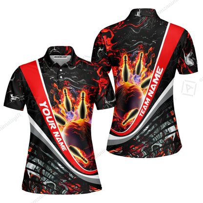 Customized Bowling Polo, Flaming Magma Bowling And Pins Multicolor Option Customized Name Team Name For Bowling Team Shirts