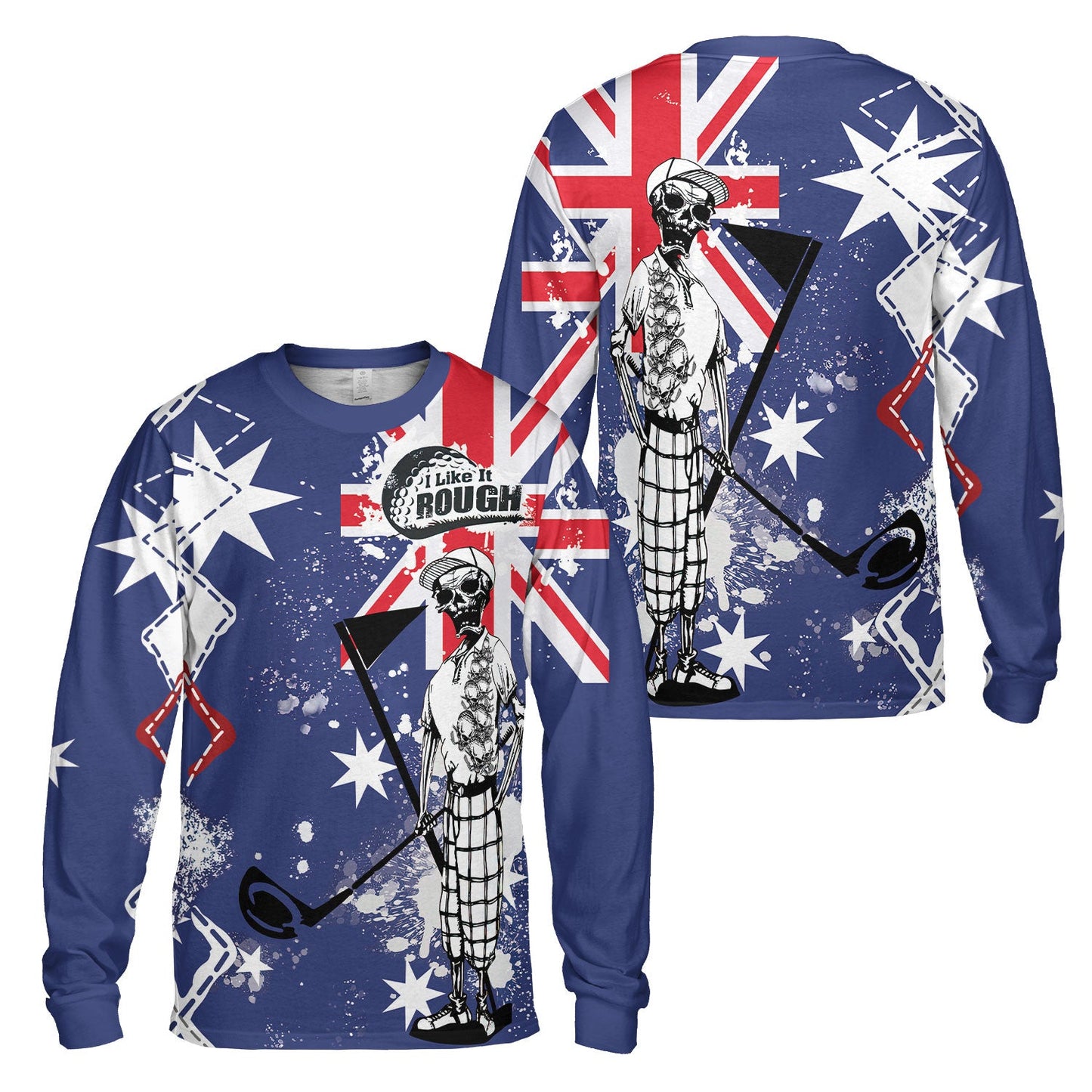 Golf Men's Long Sleeve Polo Shirt, Argyle Pattern Skeleton Golfing, Golf I Like It Rough Australian Flag Long Sleeve Polo Shirt For Men - Best Gift For Golfers, Golf Lovers