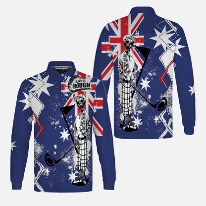Golf Men's Long Sleeve Polo Shirt, Argyle Pattern Skeleton Golfing, Golf I Like It Rough Australian Flag Long Sleeve Polo Shirt For Men - Best Gift For Golfers, Golf Lovers