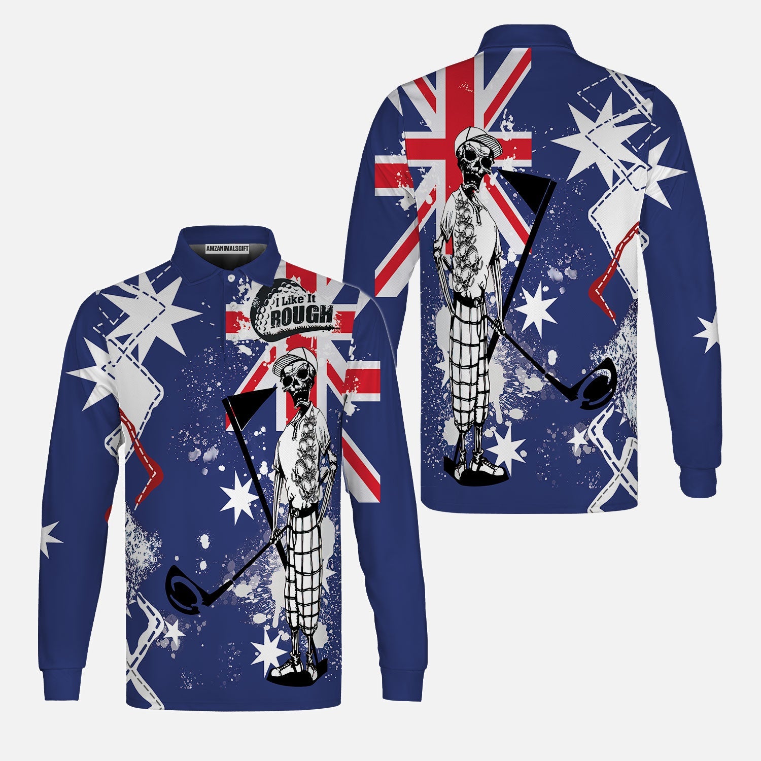 Golf Men's Long Sleeve Polo Shirt, Argyle Pattern Skeleton Golfing, Golf I Like It Rough Australian Flag Long Sleeve Polo Shirt For Men - Best Gift For Golfers, Golf Lovers