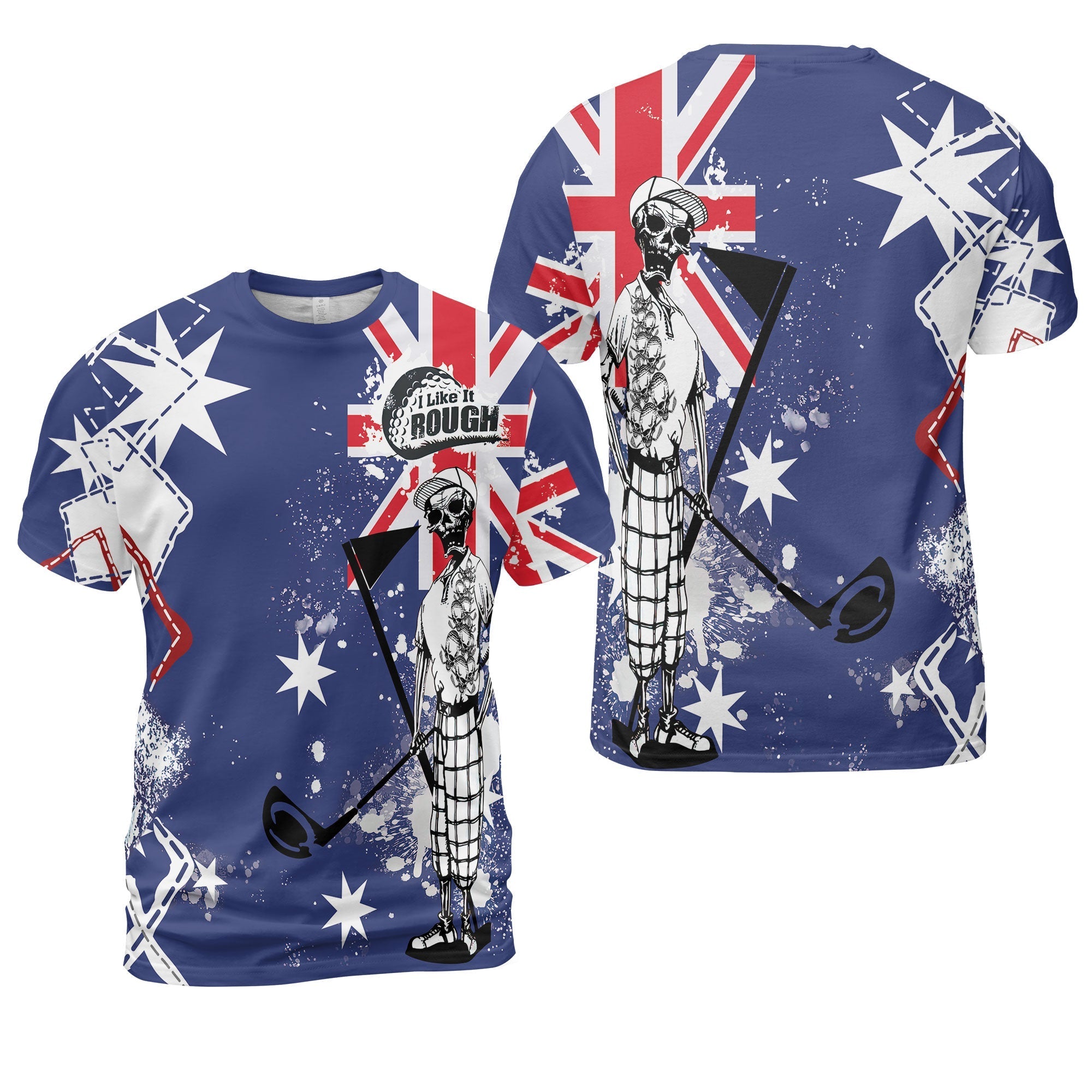 Golf Unisex T-shirt, Argyle Pattern Skeleton Golfing, Golf I Like It Rough Australian Flag Unisex T-shirt For Men - Best Gift For Golfers, Golf Lovers