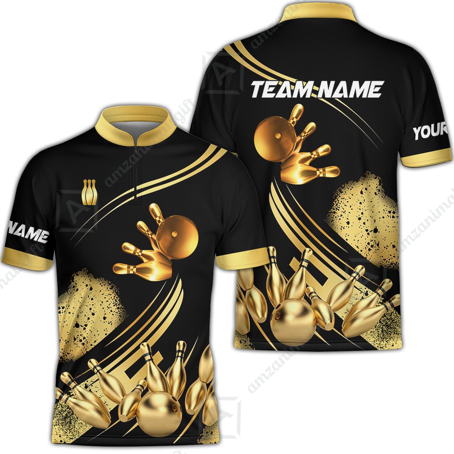 Custom Bowling Team Jerseys Polo Shirts, Bowling Uniforms Ball And Pins Ultimate Golden Multicolor Options Personalized Name And Team Name