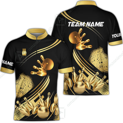 Custom Bowling Team Jerseys Polo Shirts, Bowling Uniforms Ball And Pins Ultimate Golden Multicolor Options Personalized Name And Team Name