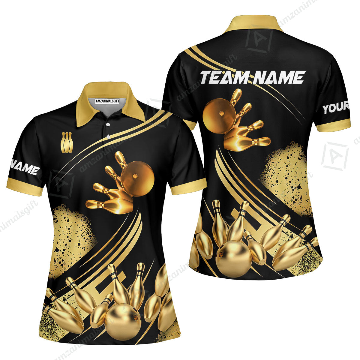 Custom Bowling Team Jerseys Polo Shirts, Bowling Uniforms Ball And Pins Ultimate Golden Multicolor Options Personalized Name And Team Name