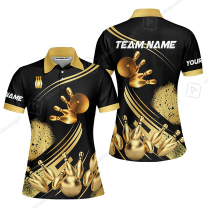 Custom Bowling Team Jerseys Polo Shirts, Bowling Uniforms Ball And Pins Ultimate Golden Multicolor Options Personalized Name And Team Name