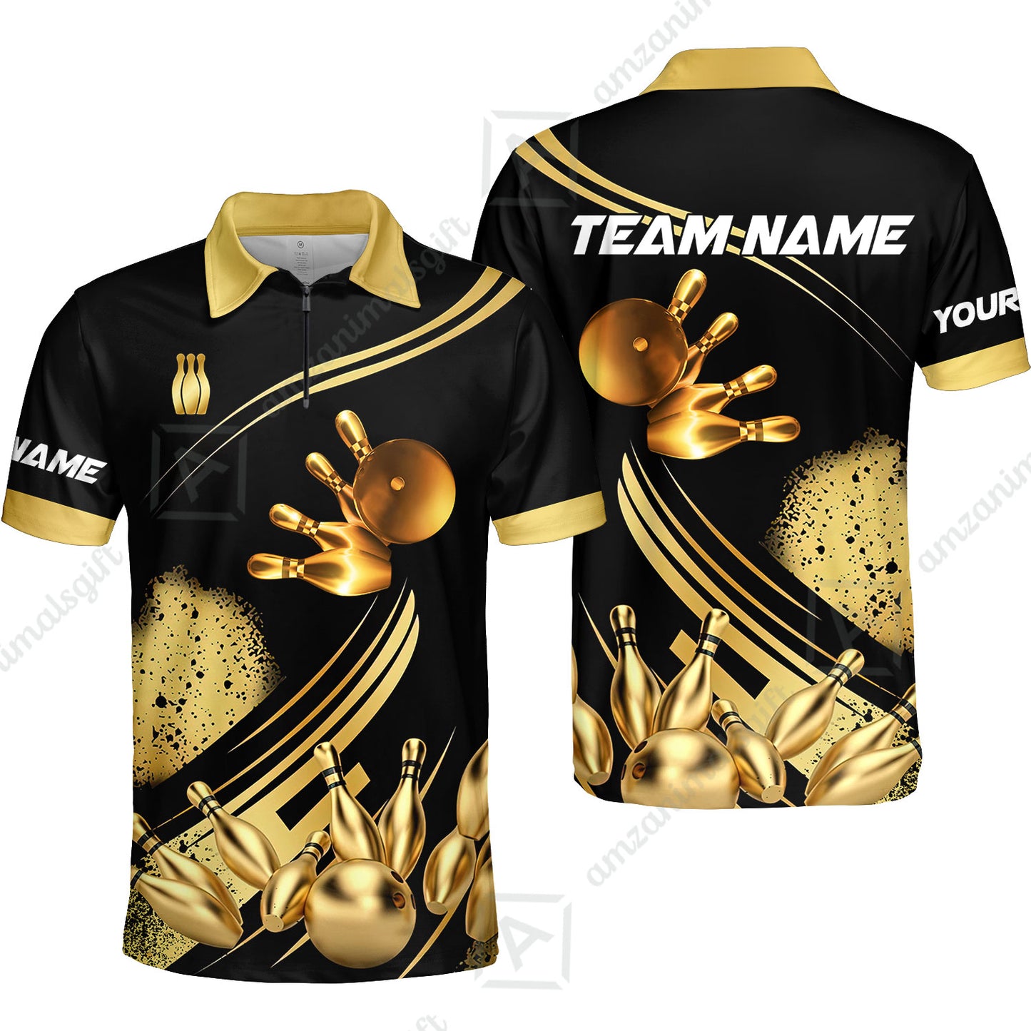Custom Bowling Team Jerseys Polo Shirts, Bowling Uniforms Ball And Pins Ultimate Golden Multicolor Options Personalized Name And Team Name