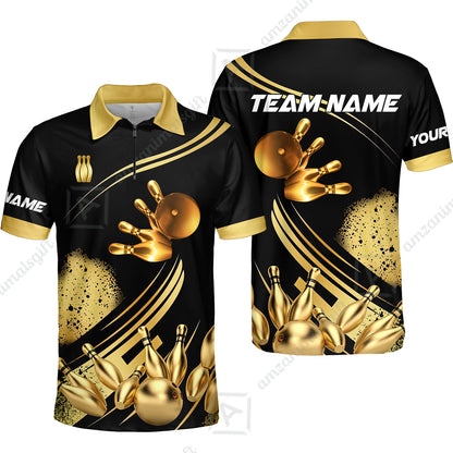 Custom Bowling Team Jerseys Polo Shirts, Bowling Uniforms Ball And Pins Ultimate Golden Multicolor Options Personalized Name And Team Name