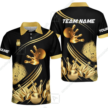 Custom Bowling Team Jerseys Polo Shirts, Bowling Uniforms Ball And Pins Ultimate Golden Multicolor Options Personalized Name And Team Name