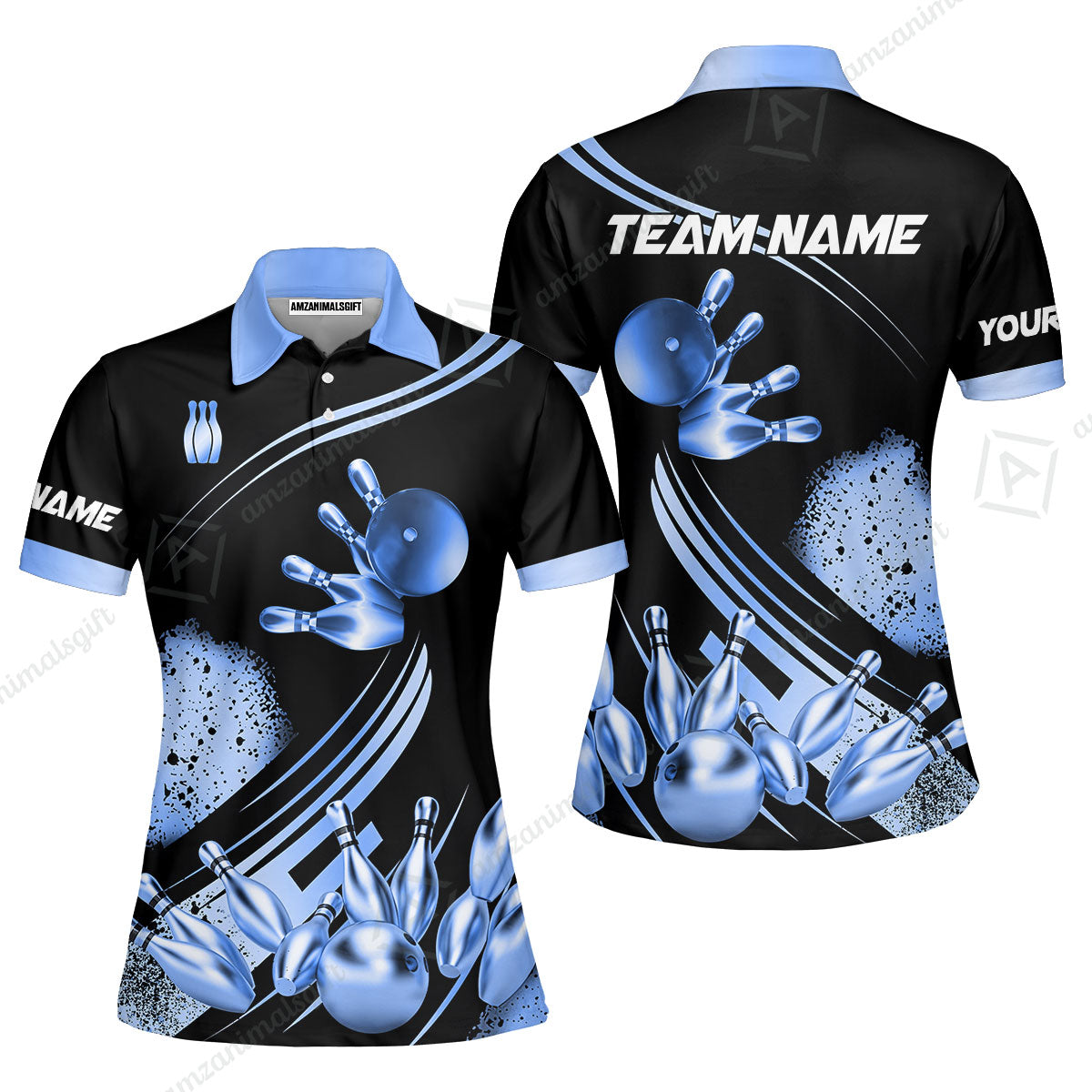 Custom Bowling Team Jerseys Polo Shirts, Bowling Uniforms Ball And Pins Ultimate Golden Multicolor Options Personalized Name And Team Name
