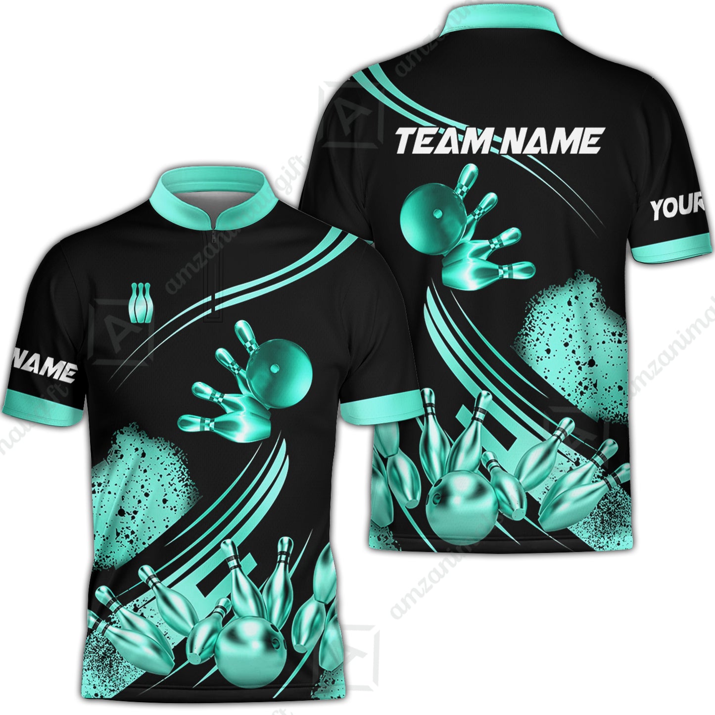 Custom Bowling Team Jerseys Polo Shirts, Bowling Uniforms Ball And Pins Ultimate Golden Multicolor Options Personalized Name And Team Name