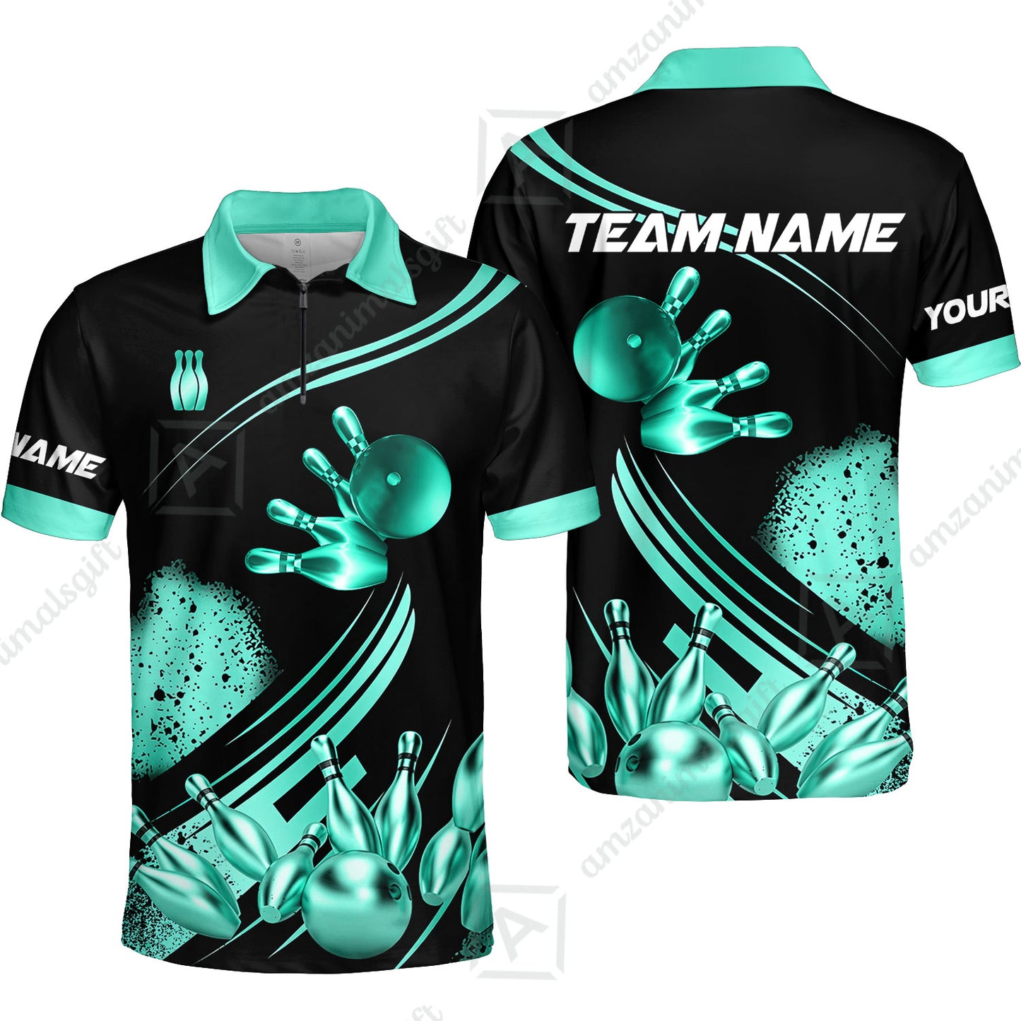 Custom Bowling Team Jerseys Polo Shirts, Bowling Uniforms Ball And Pins Ultimate Golden Multicolor Options Personalized Name And Team Name
