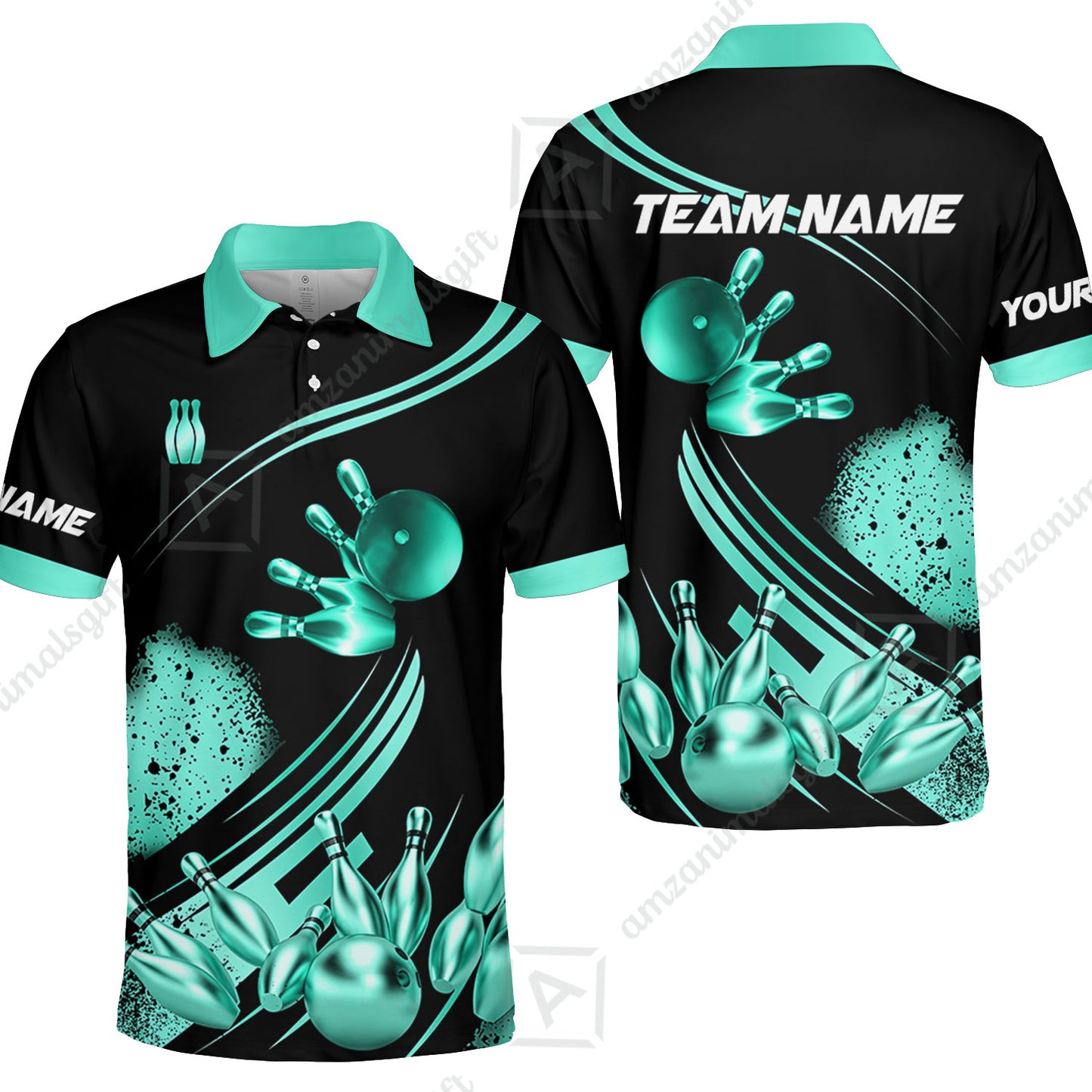 Custom Bowling Team Jerseys Polo Shirts, Bowling Uniforms Ball And Pins Ultimate Golden Multicolor Options Personalized Name And Team Name