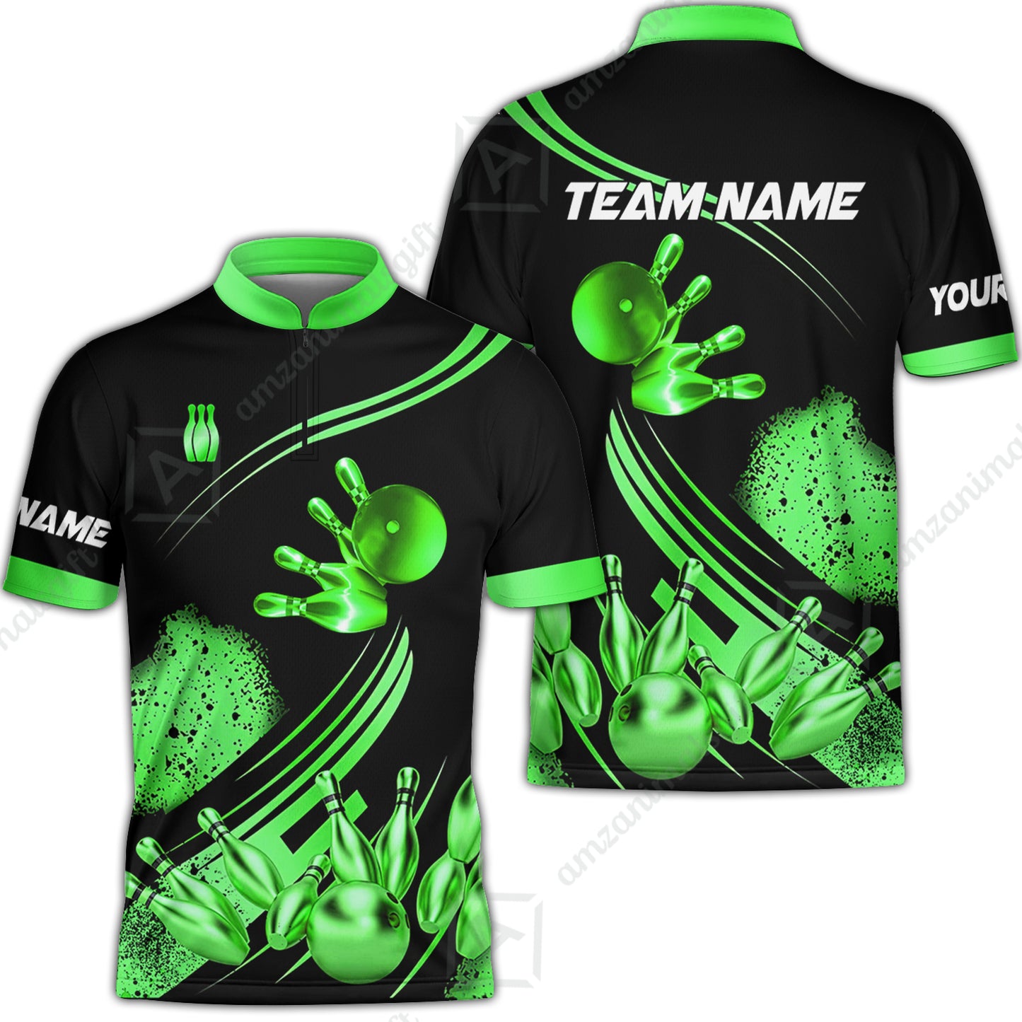 Custom Bowling Team Jerseys Polo Shirts, Bowling Uniforms Ball And Pins Ultimate Golden Multicolor Options Personalized Name And Team Name