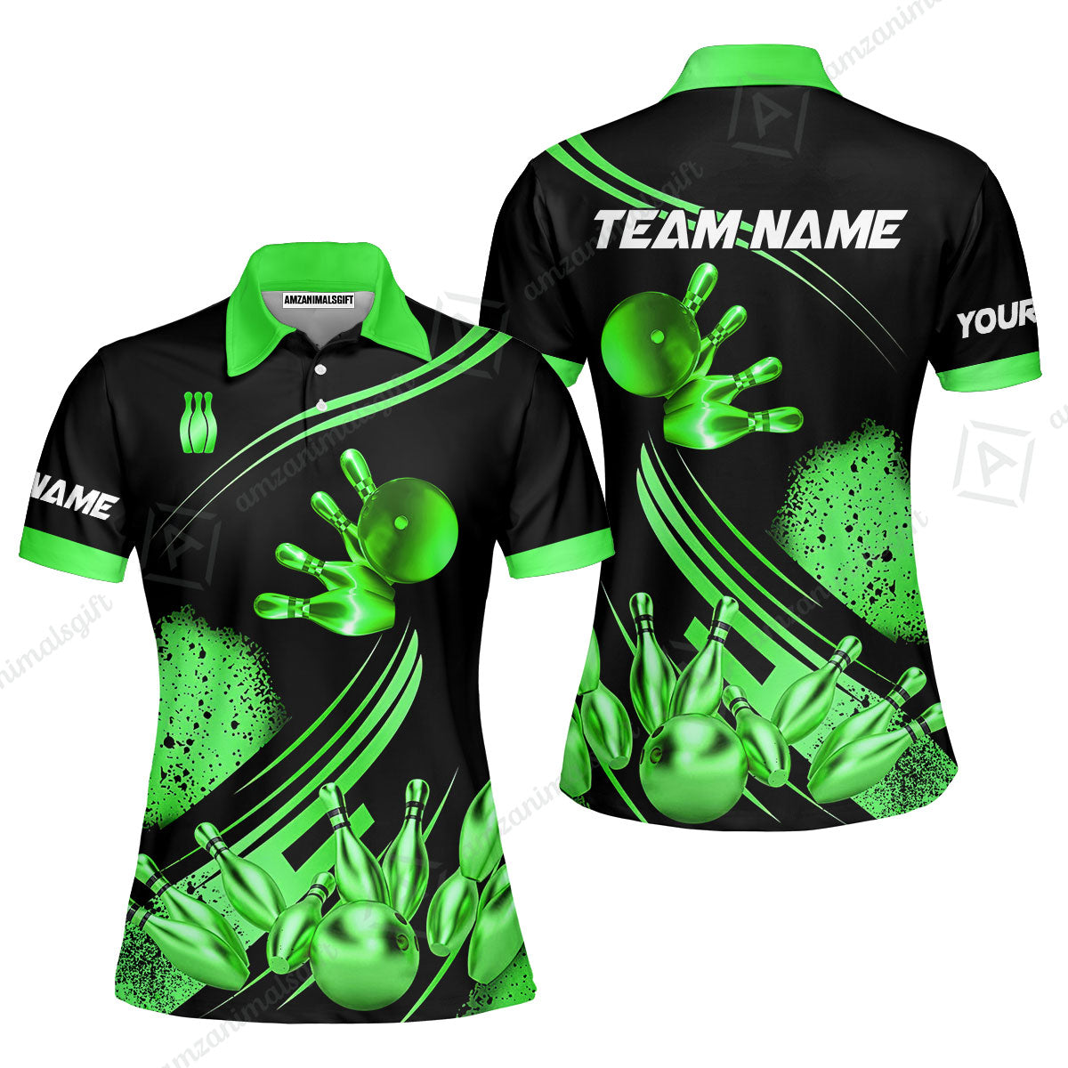 Custom Bowling Team Jerseys Polo Shirts, Bowling Uniforms Ball And Pins Ultimate Golden Multicolor Options Personalized Name And Team Name