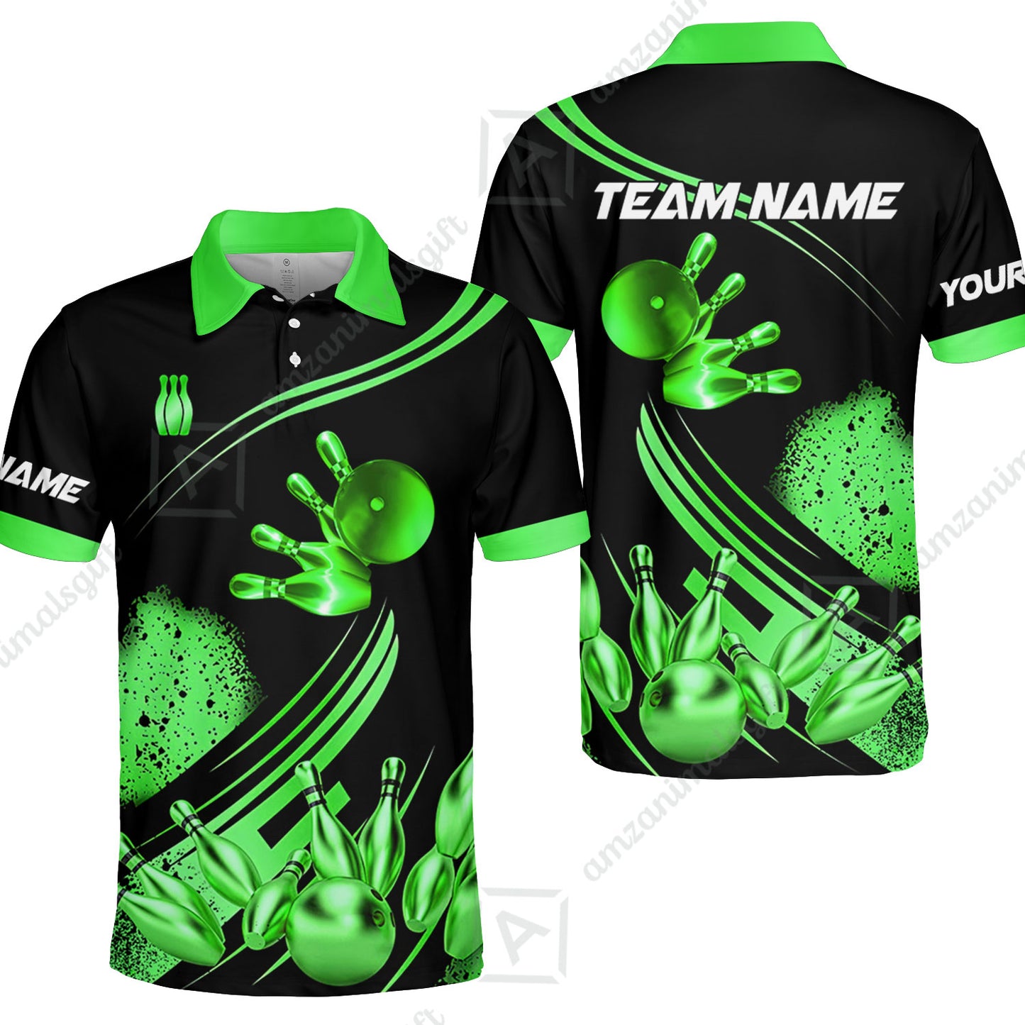 Custom Bowling Team Jerseys Polo Shirts, Bowling Uniforms Ball And Pins Ultimate Golden Multicolor Options Personalized Name And Team Name