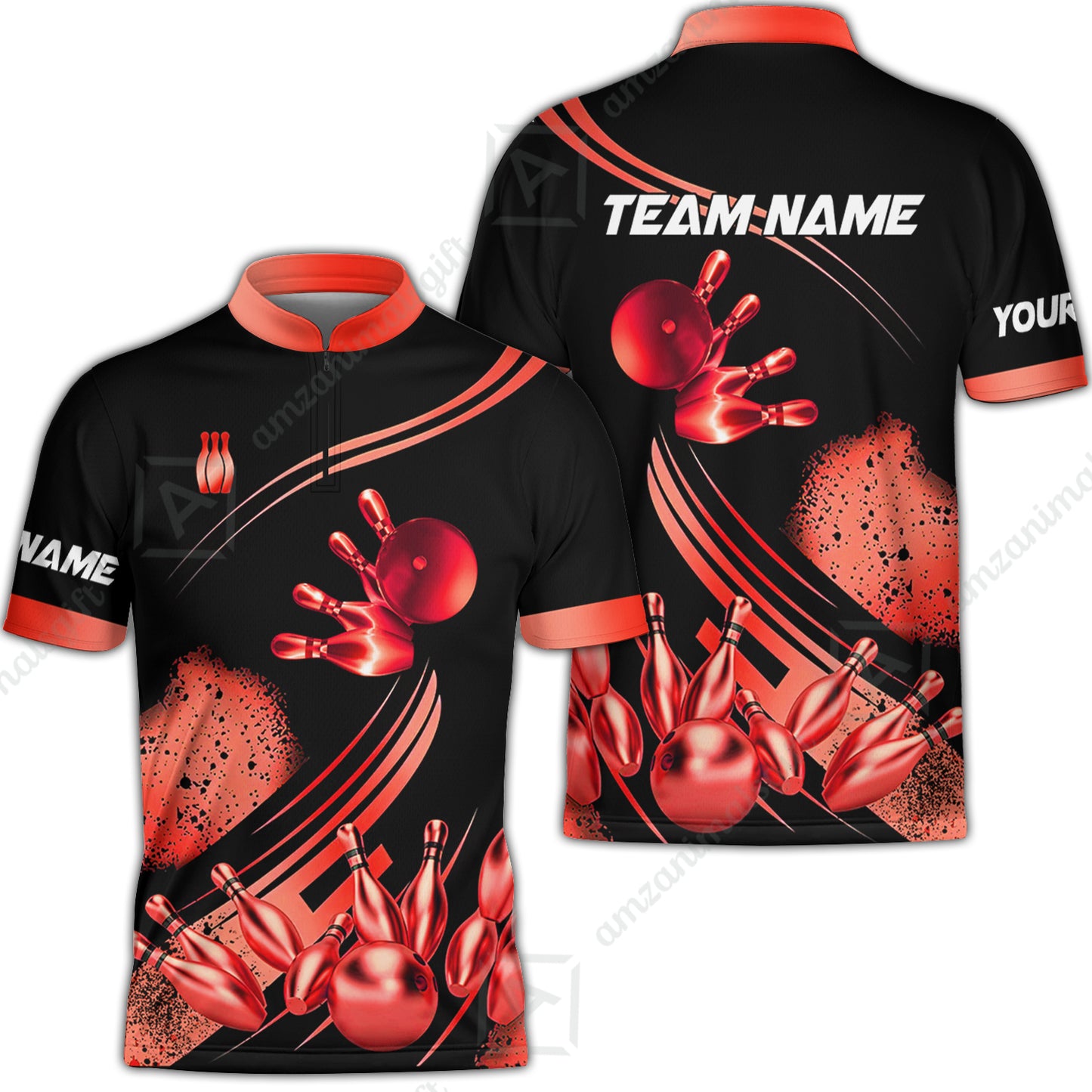 Custom Bowling Team Jerseys Polo Shirts, Bowling Uniforms Ball And Pins Ultimate Golden Multicolor Options Personalized Name And Team Name