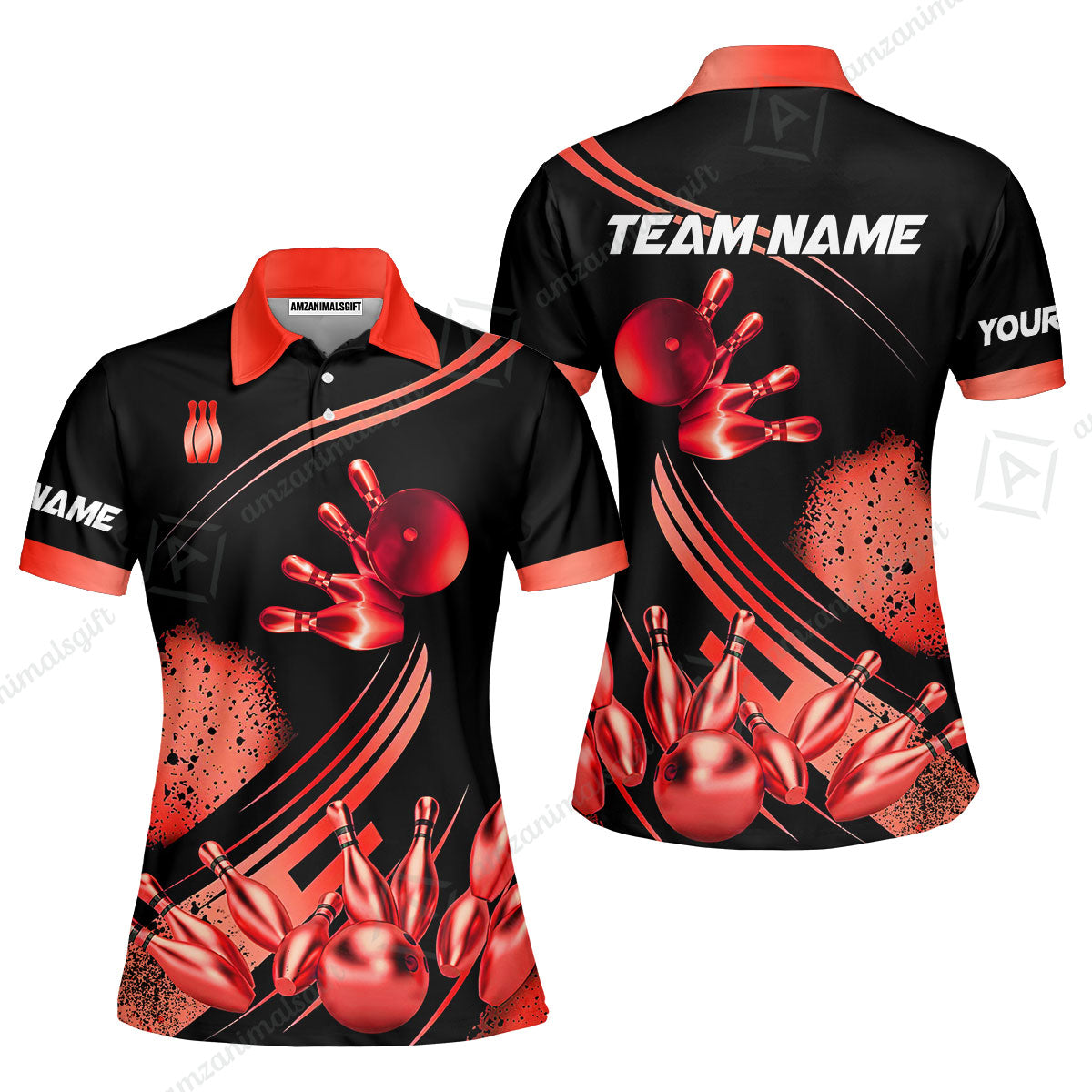 Custom Bowling Team Jerseys Polo Shirts, Bowling Uniforms Ball And Pins Ultimate Golden Multicolor Options Personalized Name And Team Name