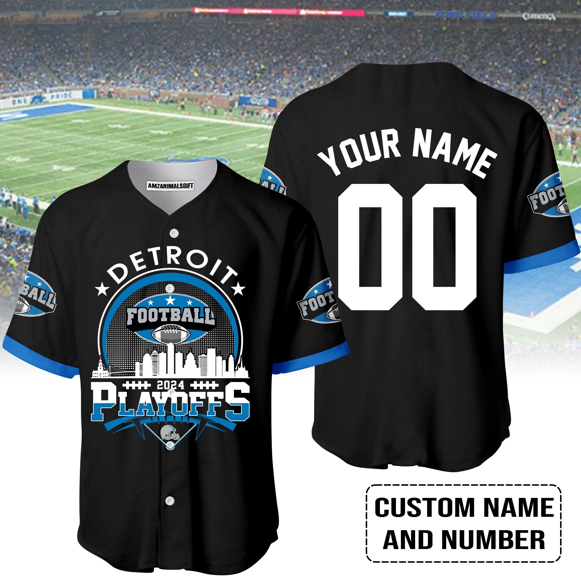 Detroit Football 2023-2024 Playoffs Skyline Custom Name Baseball jersey, Detroit Game Day Baseball jersey, Playoffs Shirts For Detroit Football Fans