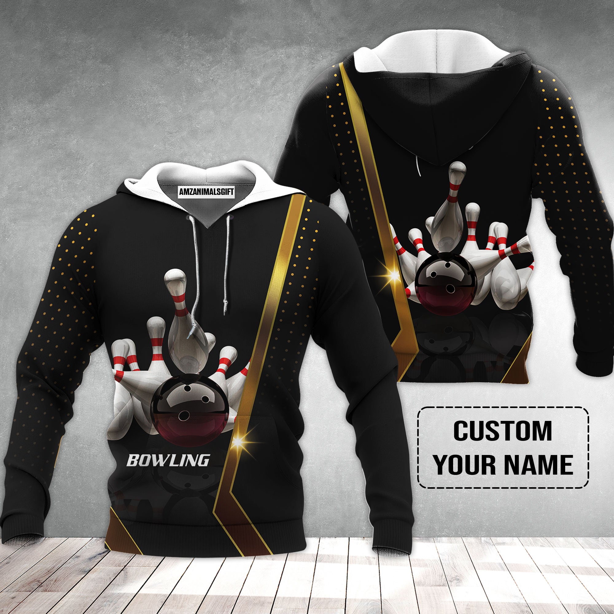 Customized Bowling Hoodie, Black And Golden Pattern Personalized Bowling Hoodie