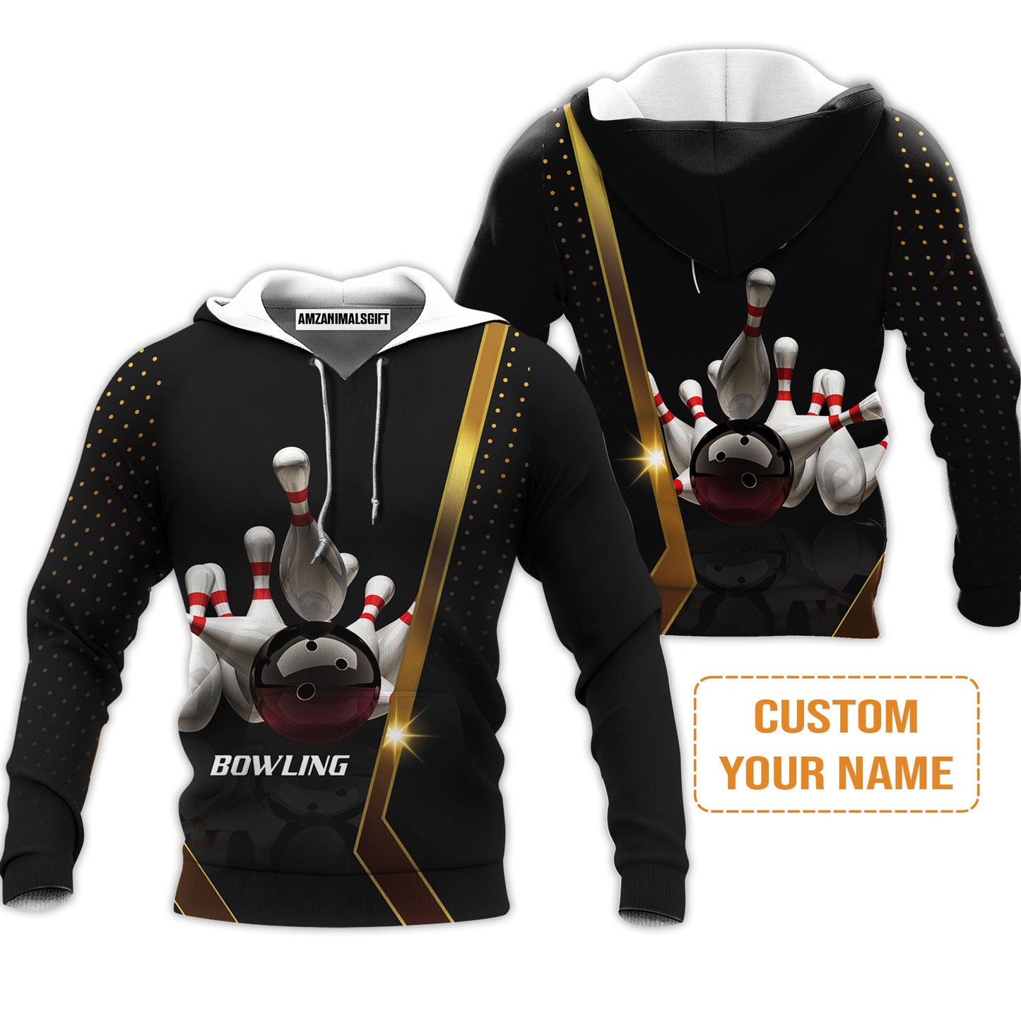 Customized Bowling Men's Long Sleeve Polo Shirt, Black And Golden Pattern Personalized Bowling Long Sleeve Polo Shirt