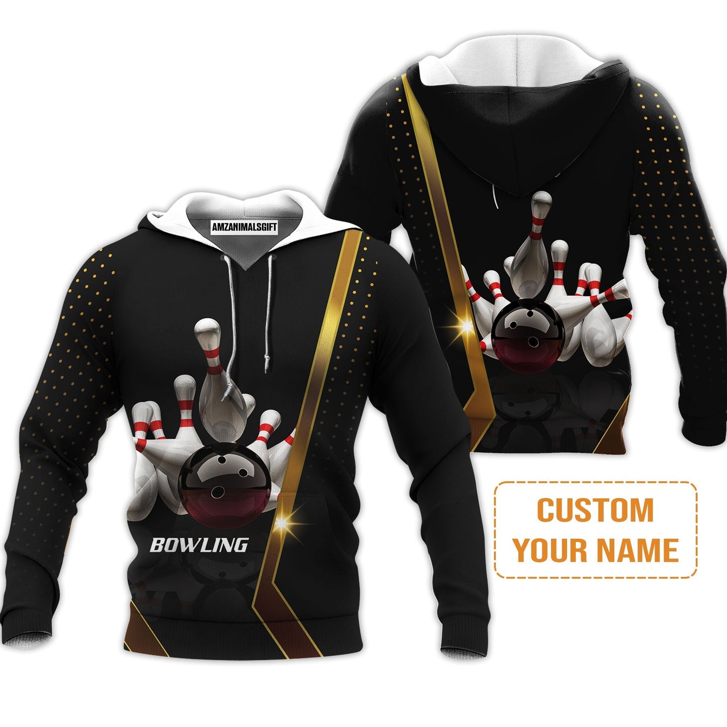 Customized Bowling Hoodie, Black And Golden Pattern Personalized Bowling Hoodie