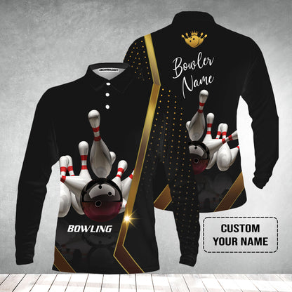 Customized Bowling Men's Long Sleeve Polo Shirt, Black And Golden Pattern Personalized Bowling Long Sleeve Polo Shirt