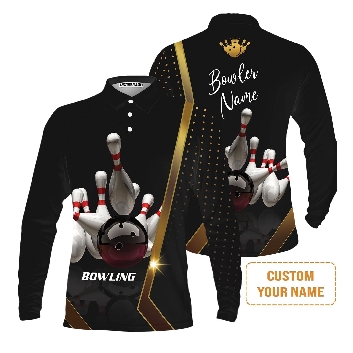 Customized Bowling T-Shirt, Black And Golden Pattern Personalized Bowling T-Shirt