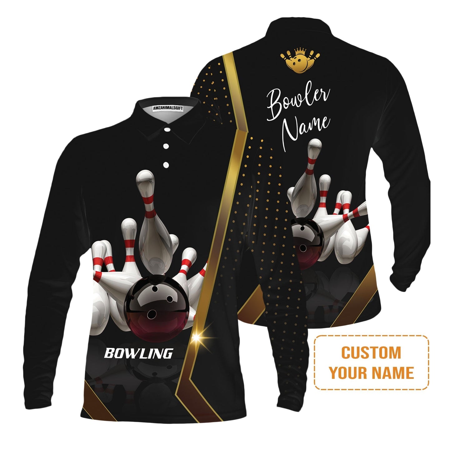 Customized Bowling Hoodie, Black And Golden Pattern Personalized Bowling Hoodie