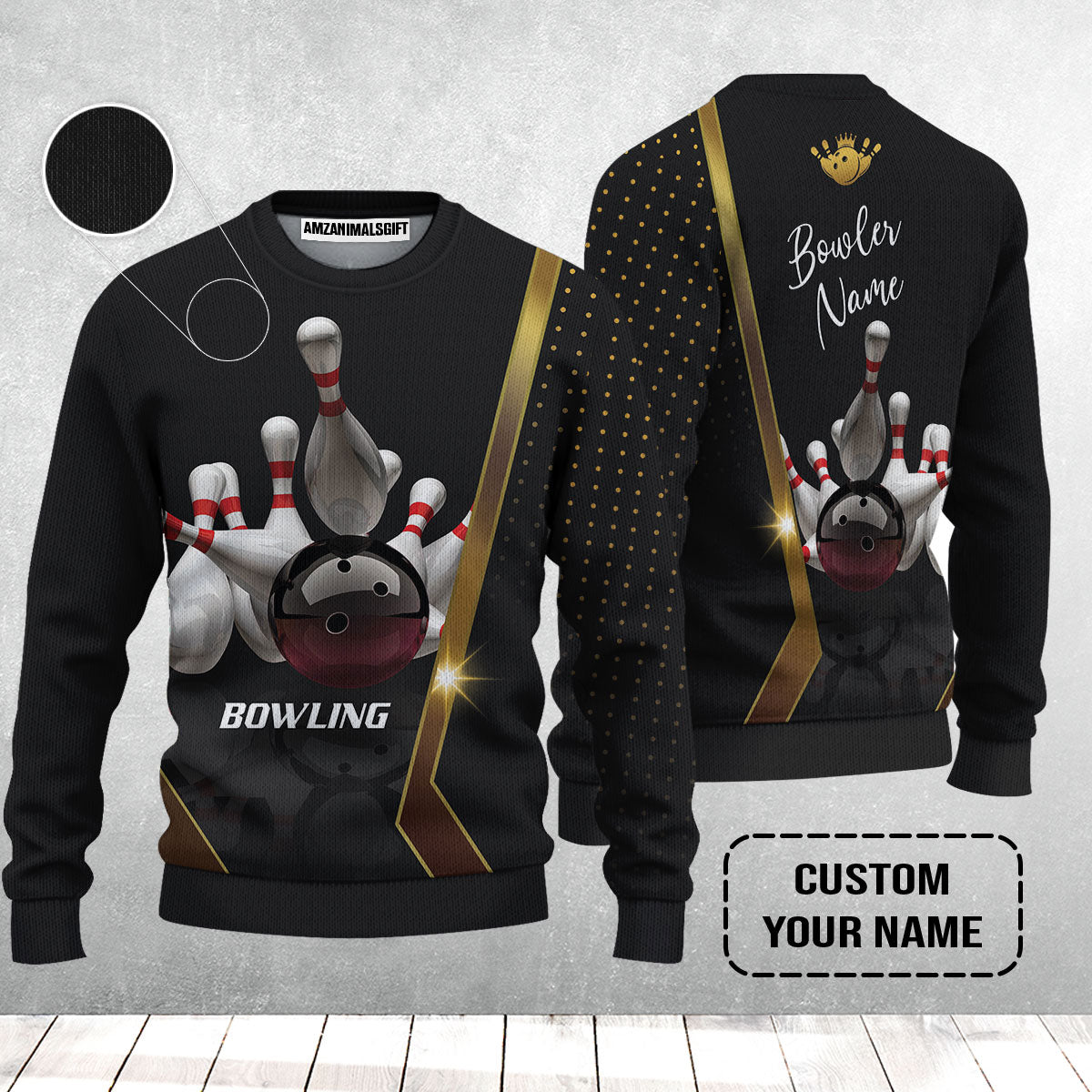 Customized Bowling Sweater, Black And Golden Pattern Personalized Bowling Sweater