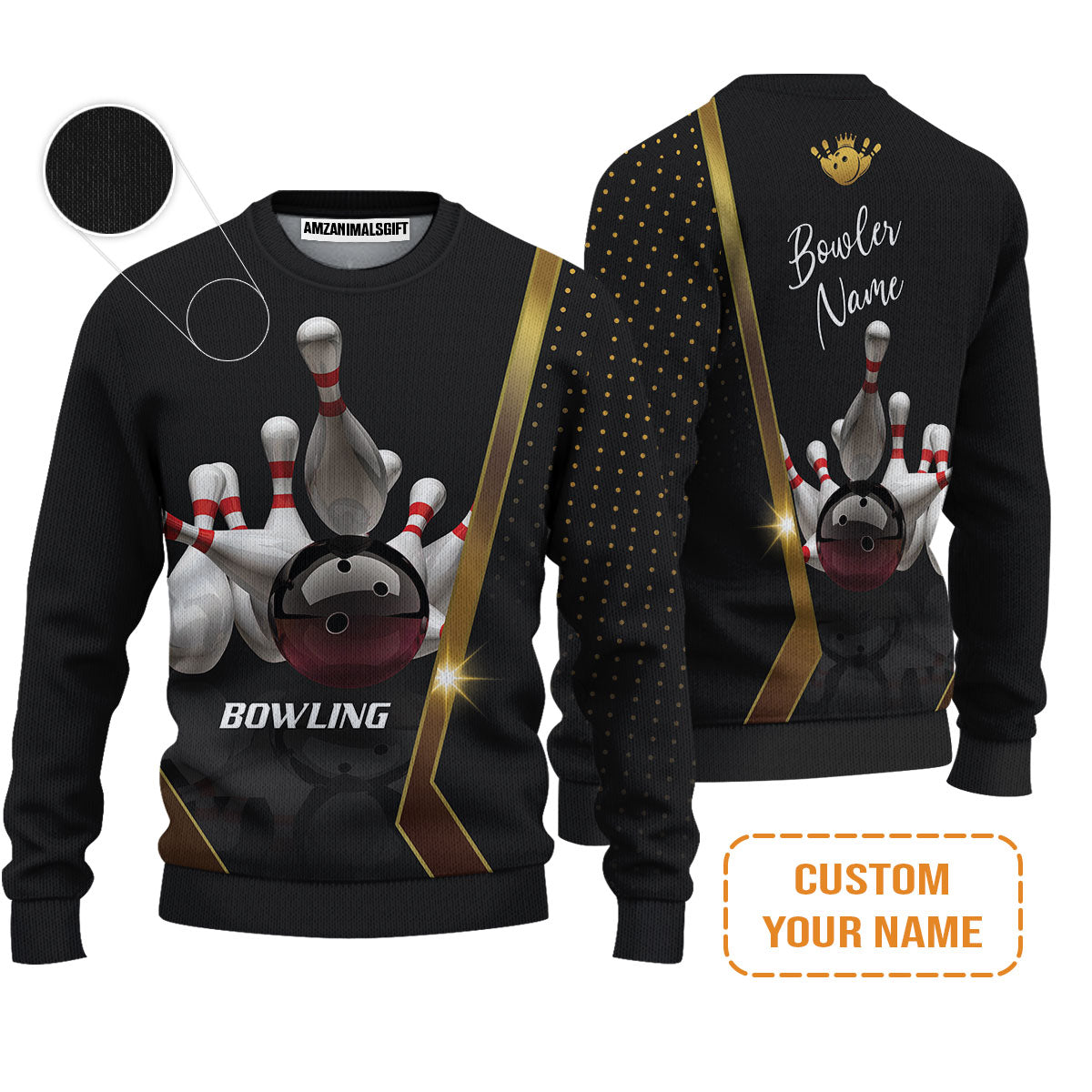 Customized Bowling Sweatshirt, Black And Golden Pattern Personalized Bowling Sweatshirt