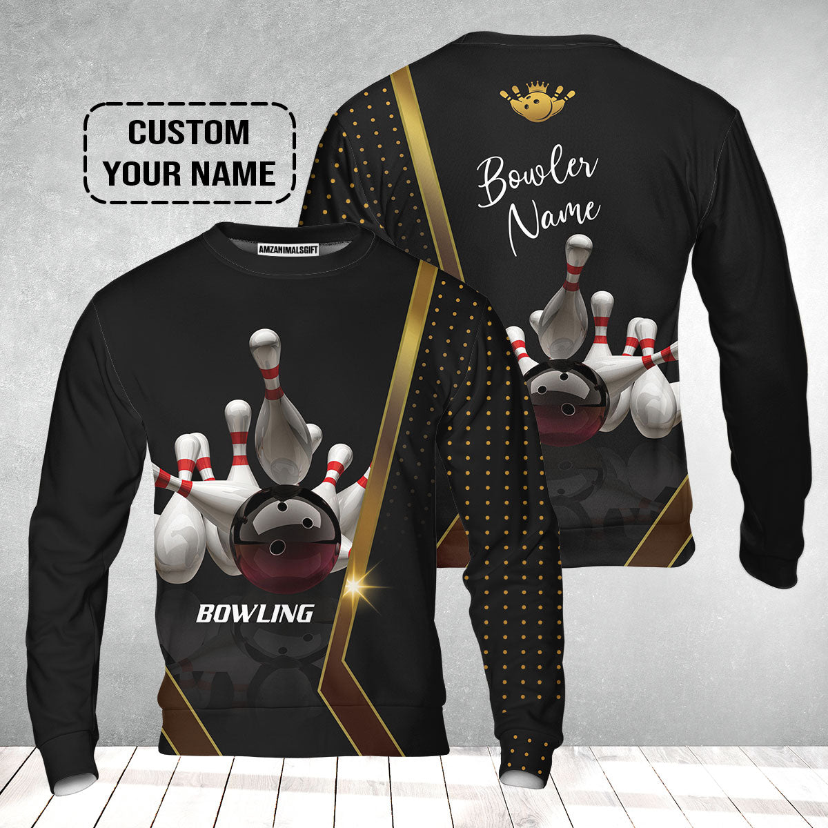 Customized Bowling Sweatshirt, Black And Golden Pattern Personalized Bowling Sweatshirt