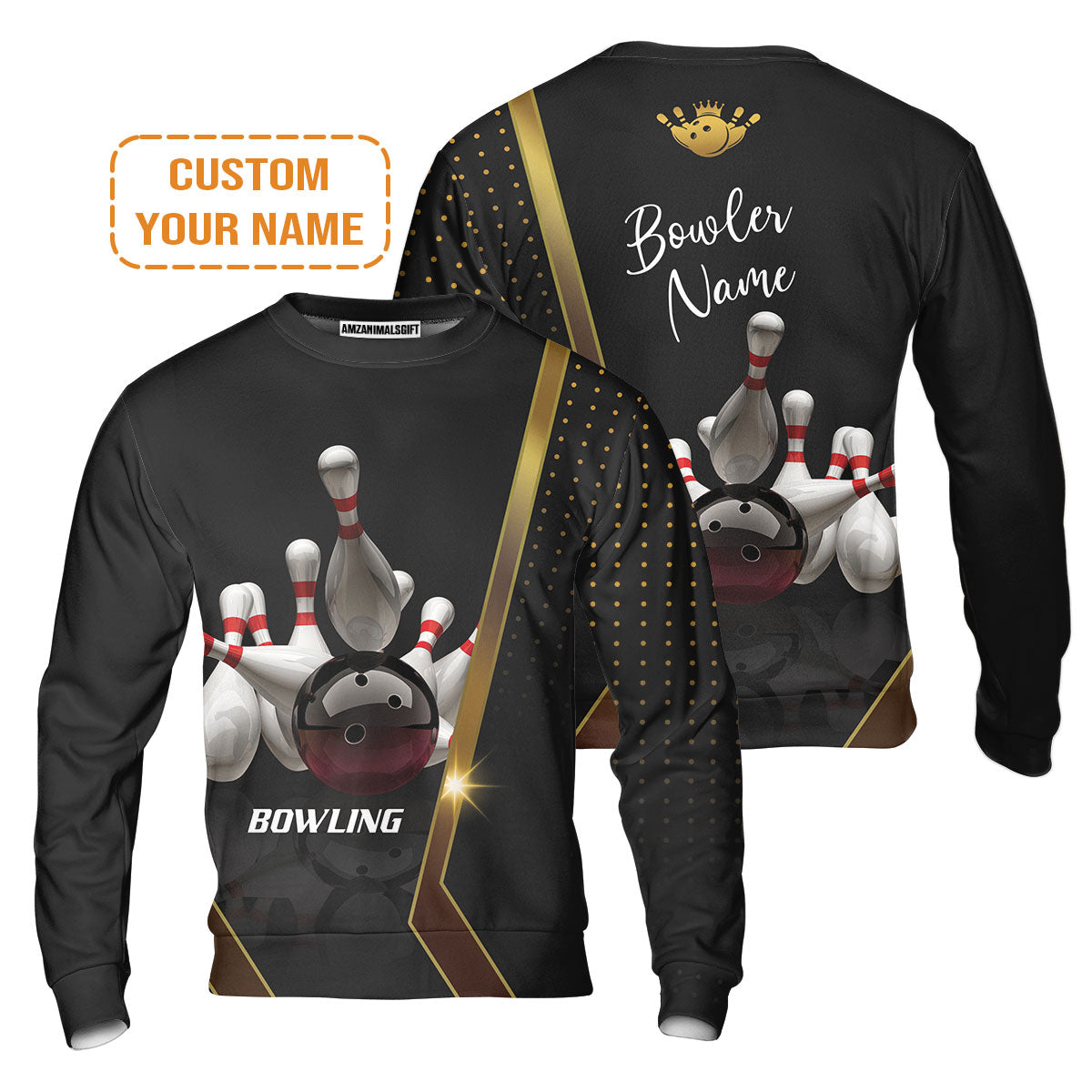 Customized Bowling Men's Long Sleeve Polo Shirt, Black And Golden Pattern Personalized Bowling Long Sleeve Polo Shirt