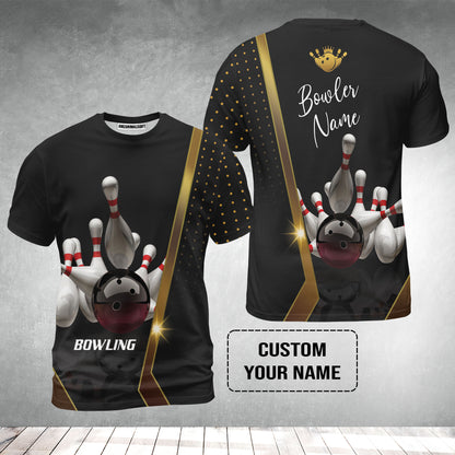 Customized Bowling T-Shirt, Black And Golden Pattern Personalized Bowling T-Shirt